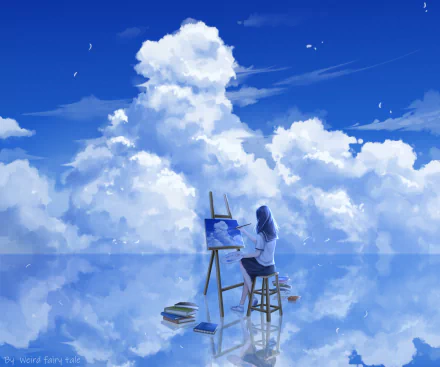 An anime girl with blue hair in a school uniform paints clouds on a canvas, sitting against a serene sky reflected on a glossy surface in this HD desktop wallpaper.