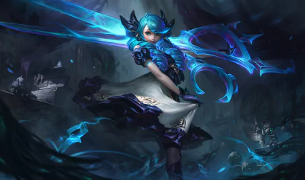 HD PC desktop wallpaper featuring Gwen from the video game League of Legends, showcasing her with glowing blue scissors in a dark, mystical setting.