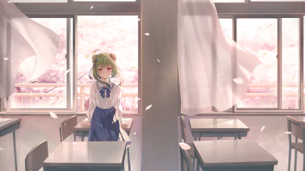 HD anime desktop wallpaper featuring Uruha Rushia from Hololive standing in a classroom with pink cherry blossoms visible through the windows.