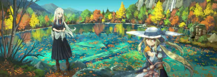 Anime-style girl characters stand by a vibrant lake surrounded by colorful autumn trees, rendered in 4K Ultra HD for a PC desktop wallpaper background.