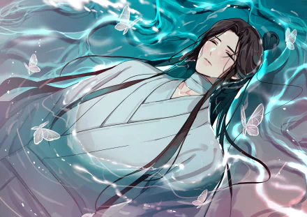 4K Ultra HD anime wallpaper of Xie Lian, His Royal Highness the Crown Prince of Xianle from Heaven Official's Blessing (Tian Guan Ci Fu), peacefully floating with ethereal butterflies.