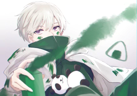 Toge Inumaki (Jujutsu Kaisen) with white hair and purple eyes, reaching forward clutching a panda plush as green smoke swirls — 2K Quad HD anime desktop wallpaper.
