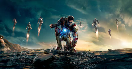 HD desktop wallpaper featuring Tony Stark (Robert Downey Jr.) in his Iron Man suit from Iron Man 3, part of the Avengers series, with multiple Iron Man suits flying in the background.