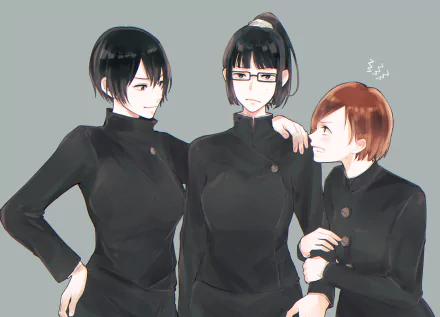 HD anime wallpaper: Jujutsu Kaisen's Maki Zenin (short black hair), Mai Zenin (black hair, glasses), and brown‑haired, brown‑eyed Nobara Kugisaki in dark school uniforms.