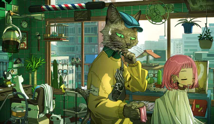 Anime-style HD desktop wallpaper featuring a pink-haired girl and a stylish anthropomorphic cat wearing a cap and yellow sweater in a cozy urban barbershop.