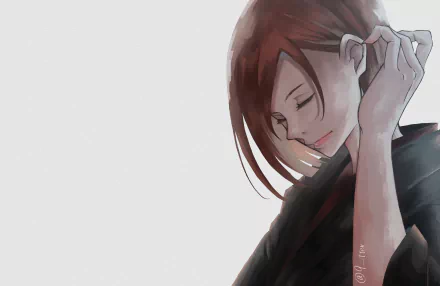 Anime-style 8K Ultra HD wallpaper featuring Nobara Kugisaki with brown hair from Jujutsu Kaisen, depicted in a serene, softly lit pose against a plain background.