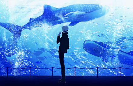 Anime character Satoru Gojo from Jujutsu Kaisen with white hair, standing in front of an aquarium with swimming whales, in a high-definition desktop wallpaper.