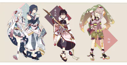 5K Ultra HD anime desktop wallpaper: Kemono Jihen trio—Shiki Tademaru, Kabane Kusaka, Akira—styled in kimonos with sandals and socks, black hair, blue and red eyes, decorative backgrounds.