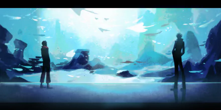 A 4K Ultra HD anime wallpaper featuring Satoru Gojo and Yuji Itadori in school uniforms from Jujutsu Kaisen, standing in a glowing, ethereal landscape.