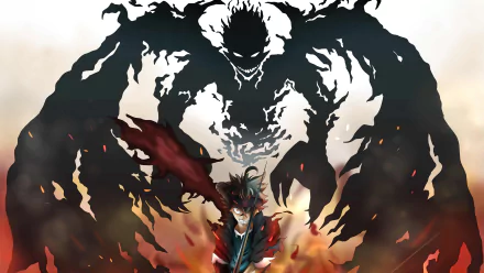 HD desktop wallpaper featuring Asta from Black Clover. He stands dramatically with a large, menacing shadow figure behind him, embodying the intense, action-packed spirit of the anime.