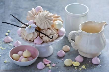 HD desktop wallpaper featuring an elegant food arrangement of pastel-colored meringues with a pitcher and bowl on a soft gray surface.
