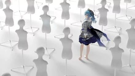 HD PC desktop wallpaper featuring Hoshimachi Suisei from hololive as an anime-style virtual YouTuber standing among translucent mannequins.