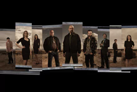 A striking 4K Ultra HD wallpaper featuring key characters from the TV show Breaking Bad, set against a dramatic desert backdrop, showcasing their intense expressions and dynamics.