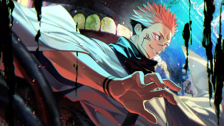 HD desktop wallpaper featuring Sukuna from Jujutsu Kaisen, depicted with pink hair in an intense, dynamic pose.