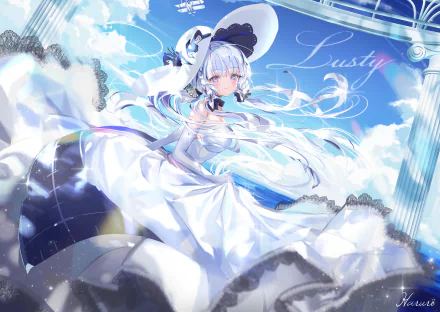 HD anime desktop wallpaper featuring Illustrious from Azur Lane in an elegant white dress with flowing ribbons against a bright, sky-blue background.