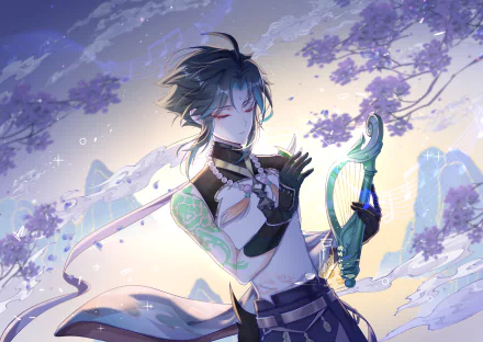 HD desktop wallpaper featuring Xiao from Genshin Impact, set against a serene background with purple blossoms and mountains. The artwork captures Xiao holding a mystical harp with an ethereal ambiance.