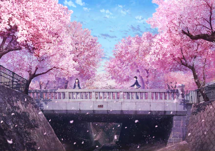 Anime-style HD wallpaper featuring two characters on a bridge, surrounded by vibrant cherry blossoms in full bloom, capturing a romantic spring scene.