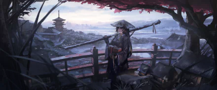 HD PC desktop wallpaper featuring Saga from the video game Arknights, standing on a wooden bridge with a serene, traditional Japanese landscape in the background.