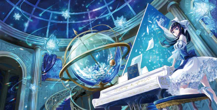 Anime girl with black hair playing a white piano surrounded by celestial decor in a vibrant, detailed HD PC desktop wallpaper background.