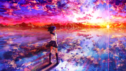 Anime girl stands amidst vibrant clouds at sunset, reflected on a glossy surface, creating a stunning HD PC desktop wallpaper background.