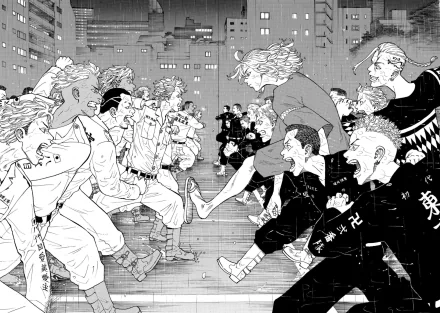 HD Tokyo Revengers desktop wallpaper featuring a dynamic black and white illustration of the characters in action.