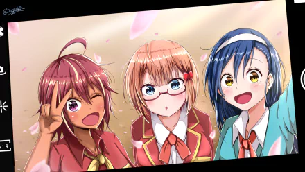 school uniform glasses yellow eyes blue eyes purple eyes blue hair orange hair red hair Fumino Furuhashi Uruka Takemoto Rizu Ogata Bokutachi wa Benkyou ga Dekinai Anime We Never Learn HD Desktop Wallpaper | Background Image