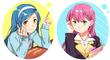 blue eyes pink hair Mafuyu Kirisu school uniform long hair brown eyes blue hair Fumino Furuhashi Bokutachi wa Benkyou ga Dekinai Anime We Never Learn HD Desktop Wallpaper | Background Image