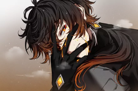 HD PC desktop wallpaper featuring Zhongli from the video game Genshin Impact, showcasing his dark flowing hair and distinctive amber eyes in a dynamic pose.