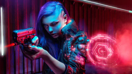 Cyberpunk-themed 4K Ultra HD wallpaper featuring a futuristic woman aiming a sci-fi weapon, illuminated by neon red and blue lights in a high-tech setting.