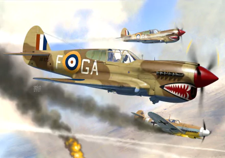HD desktop wallpaper featuring a Curtiss P-40 Warhawk military warplane in flight, showcasing its distinctive shark mouth nose art against a dynamic sky backdrop.