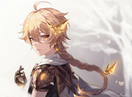 HD desktop wallpaper featuring Aether from the video game Genshin Impact. Aether sports blonde hair and yellow eyes, looking over his shoulder with a serious expression.