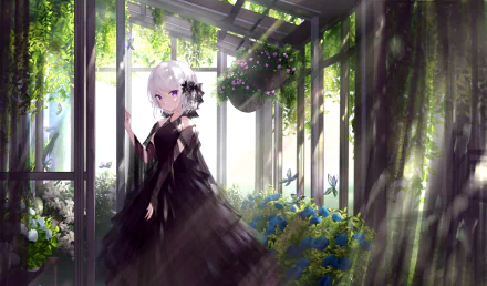 An anime girl with purple eyes and short white hair stands in a lush green conservatory, wearing a black dress adorned with flowers. The background is full of vibrant plants and natural light.