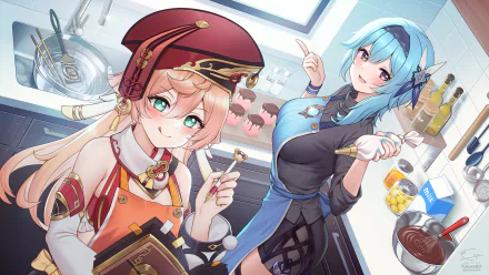 HD PC desktop wallpaper featuring Eula and Yanfei from the video game Genshin Impact cooking together in a bright, modern kitchen.