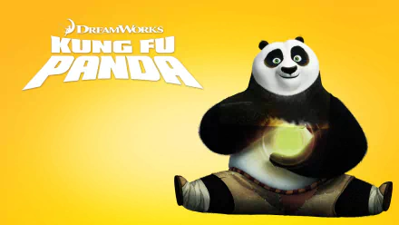 HD PC desktop wallpaper/background showing Po from DreamWorks' movie Kung Fu Panda: the panda sits on a bright yellow background holding a glowing dumpling, with the Kung Fu Panda logo.