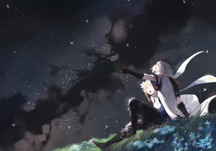 HD PC desktop wallpaper featuring Lumine and Albedo from the video game Genshin Impact, set against a starry night sky background.
