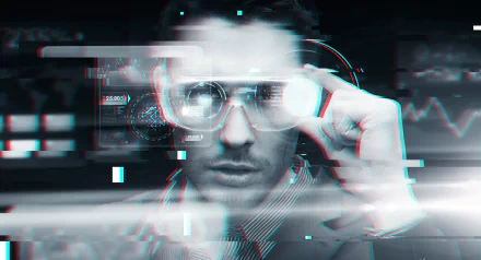 Man with augmented reality glasses displaying futuristic interface, HD Augmented Reality desktop wallpaper and background.