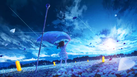 Anime girl standing in a field under a vibrant blue sky with flowing fabrics and glowing lanterns, captured in an HD PC desktop wallpaper style.