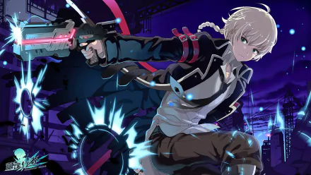 HD desktop wallpaper featuring a SoulWorker character wielding a pink energy weapon, set against a dynamic, futuristic cityscape backdrop.