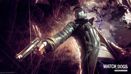 HD desktop wallpaper of Aiden Pearce from the video game Watch Dogs, showcasing the character in a dynamic pose with a gun, set against an abstract background.