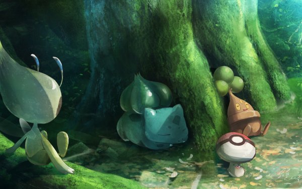A collection of popular Pokémon characters including Foongus, Bulbasaur, Celebi, and Bonsly in a detailed anime-themed HD desktop wallpaper and background.