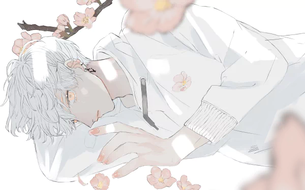 Anime boy with white hair reclining among pale cherry blossoms, soft pastel 4K Ultra HD PC desktop wallpaper and background.