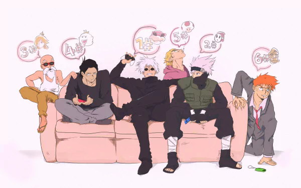 HD anime crossover wallpaper featuring six characters lounging on a couch, each with speech bubbles displaying playful emoticons and symbols.