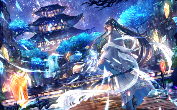 4K Ultra HD anime wallpaper featuring a long-haired anime boy in flowing robes standing near a glowing, mystical temple surrounded by vibrant blue trees under a starry sky.