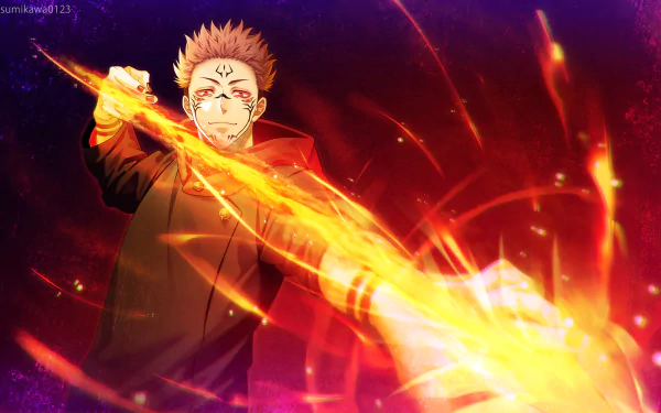 Sukuna from Jujutsu Kaisen unleashes a fiery attack, vivid in this 4K Ultra HD anime wallpaper showcasing dynamic energy and intense action.