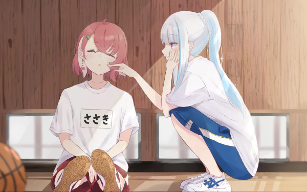 Nijisanji 2K Quad HD PC desktop wallpaper and background featuring Virtual YouTubers Sasaki Saku and Lize Helesta: white‑blue Lize playfully pokes pink‑haired Sasaki’s cheek in a warm wooden room.