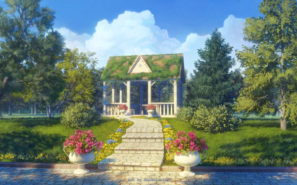 Anime landscape HD wallpaper of a serene garden with a flower-lined path leading to a quaint hut surrounded by lush trees under a bright blue sky.