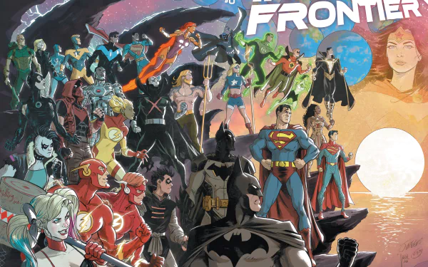 A vibrant 4K Ultra HD PC desktop wallpaper featuring iconic superheroes from the Infinite Frontier comic series gathered against a cosmic sunset background.