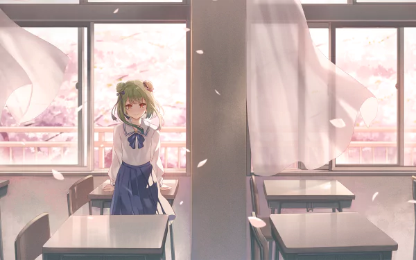 HD anime desktop wallpaper featuring Uruha Rushia from Hololive standing in a classroom with pink cherry blossoms visible through the windows.
