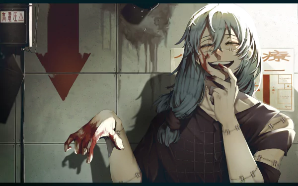 HD desktop wallpaper featuring Mahito from Jujutsu Kaisen with grey hair and bloodstained hands, set against a dark, eerie background with a red arrow on the wall.