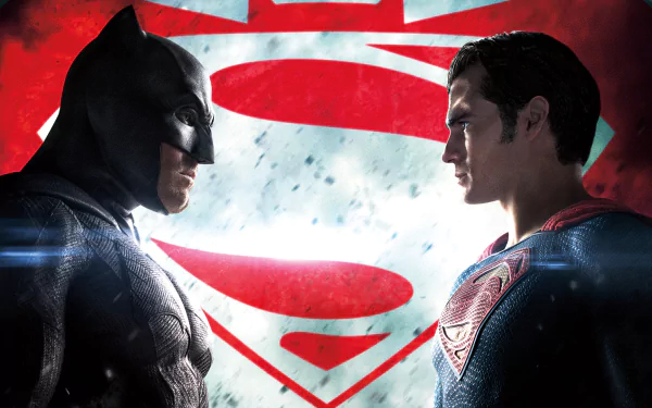 HD desktop wallpaper featuring Ben Affleck as Batman and Henry Cavill as Superman from the DC Comics movie Batman V Superman: Dawn Of Justice, with their logos in the background.